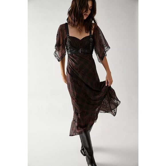 NWOT Free People Grunge WhimsyGoth Plaid Sheer Midi Dress Size 8 Fallen Flowers - Picture 2 of 15
